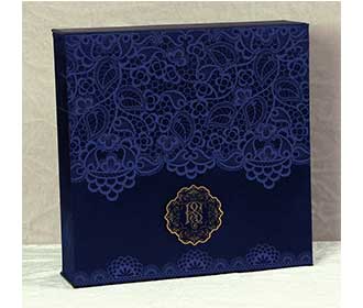 Royal blue Sikh wedding box invitation with floral patterns & sweet jars