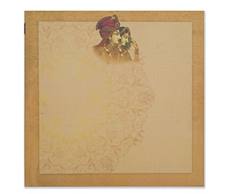 Royal couple themed Indian wedding invite in light orange colour
