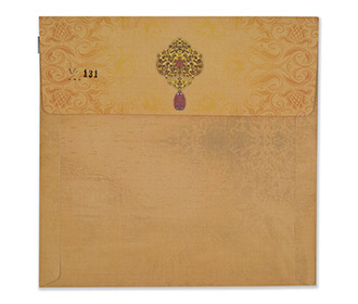 Royal couple themed Indian wedding invite in light orange colour