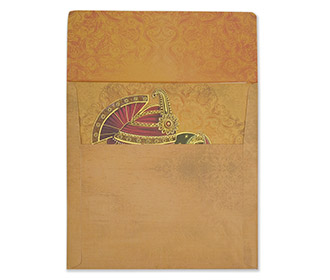 Royal couple themed Indian wedding invite in light orange colour