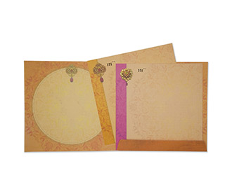 Royal couple themed Indian wedding invite in light orange colour