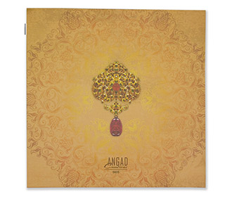 Royal couple themed Indian wedding invite in light orange colour