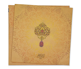 Royal couple themed Indian wedding invite in light orange colour