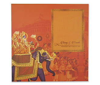 Royal Indian wedding card in traditional orange colour