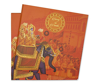 Royal Indian wedding card in traditional orange colour