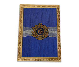 Royal Indian wedding invitation in blue satin and Ganesha symbol