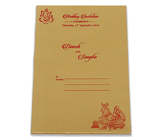Royal Indian wedding invitation in red satin and Ganesha symbol