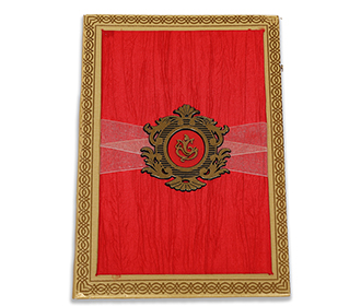 Royal Indian wedding invitation in red satin and Ganesha symbol
