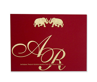 Royal Indian wedding invitation in rich red and golden elephants