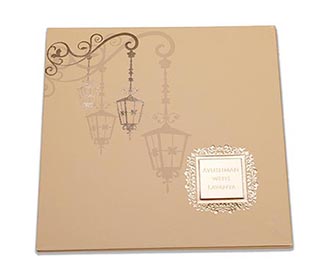 Royal Indian wedding invite in beige colour with lamps