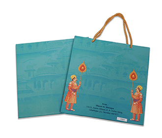 Royal indian wedding invite in blue with images of wedding rituals