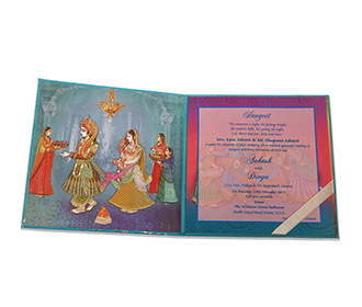 Royal indian wedding invite in blue with images of wedding rituals