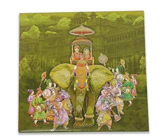 Royal theme Indian wedding invitation card in green colour