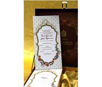 Royal wedding box invite in brown with designer inserts & sweet jars