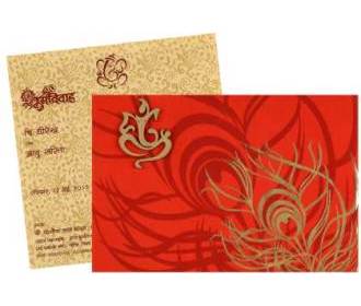 Royal Wedding Card in Red Golden Satin with Mor-pankh Design