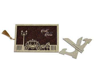 Royal wedding invite with english style lamps and chariot with horses in cream