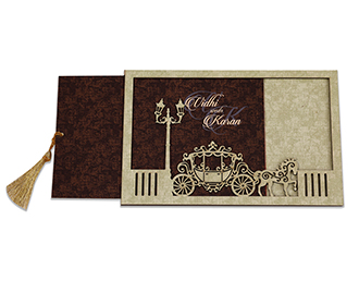 Royal wedding invite with english style lamps and chariot with horses in cream