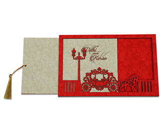 Royal wedding invite with english style lamps and chariot with horses in Red