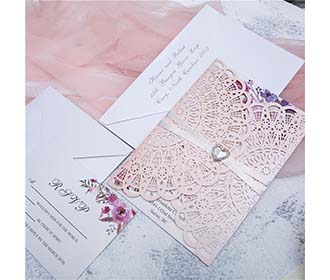 Rustic Blush colour laser cut wedding invitation in gate fold style