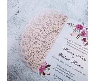 Rustic Blush colour laser cut wedding invitation in gate fold style