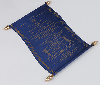 Scroll style wedding card in blue satin finish with square box