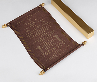 Scroll style wedding card in brown satin finish with square box