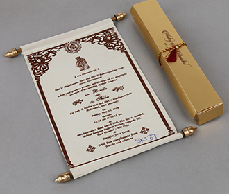 Scroll style wedding card in cream velvet finish with rectangular box