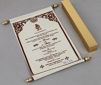 Scroll style wedding card in cream velvet finish with square box