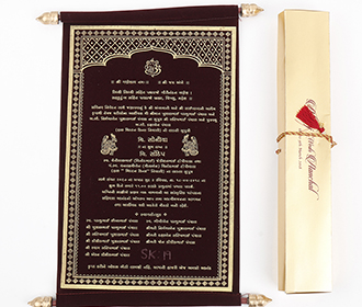 Scroll style wedding card in dark maroon velevt with rectangular box