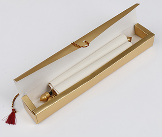 Scroll style wedding card in golden satin finish with rectangular box