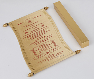 Scroll style wedding card in golden satin finish with square box