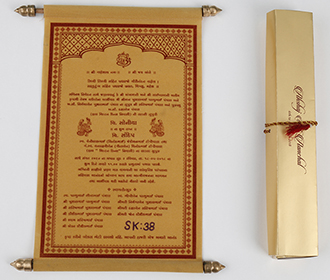 Scroll style wedding card in golden velvet finish with rectangular box