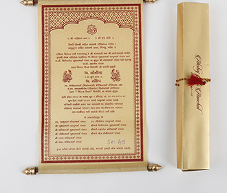 Scroll style wedding card in golden with rectangular box - 