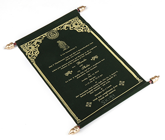 Scroll style wedding card in green velvet finish with rectangular box