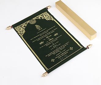 Scroll style wedding card in green velvet finish with square box