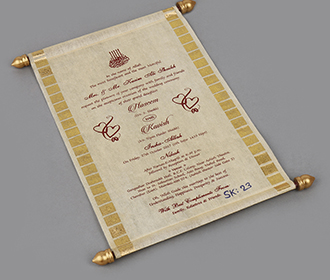 Scroll style wedding card in light golden rectangular box