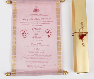 Scroll style wedding card in light pink rectangular box