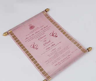 Scroll style wedding card in light pink with square box