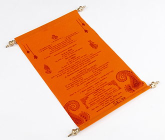 Scroll style wedding card in orange velvet finish with rectangular box