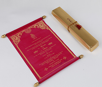 Scroll style wedding card in pink velvet finish with rectangular box