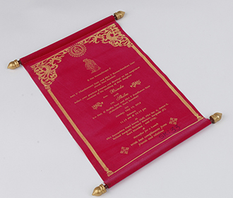 Scroll style wedding card in pink velvet finish with square box