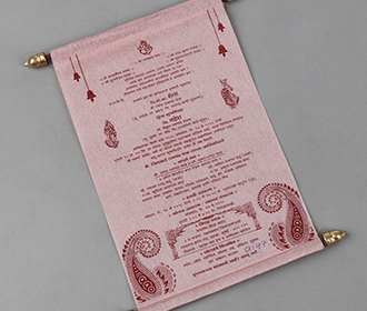 Scroll style wedding card in pink with rectangular box