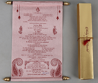 Scroll style wedding card in pink with rectangular box