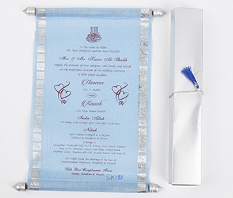 Scroll style wedding card in powder blue rectangular box