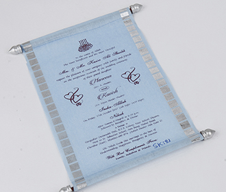 Scroll style wedding card in powder blue with square box
