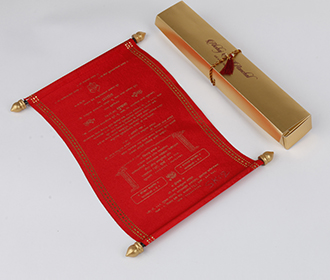 Scroll style wedding card in red satin finish & rectangular box