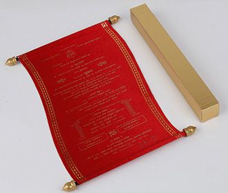 Scroll style wedding card in red satin finish & square box
