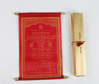 Scroll style wedding card in red with rectangular box
