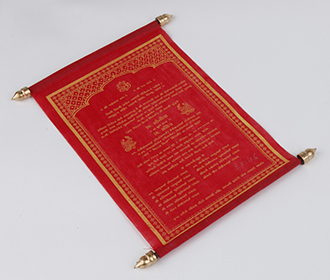 Scroll style wedding card in red with square box
