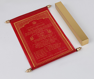 Scroll style wedding card in red with square box - 